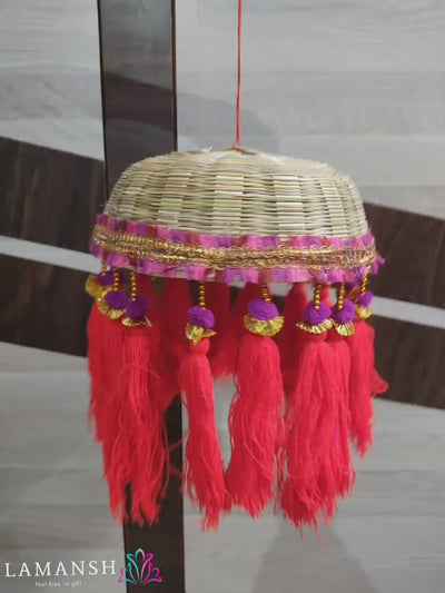 LAMANSH® Pack of 5 Multipurpose Wooden Round Basket With Hanging Latkan / Decorative Basket For Functions | Basket For Wedding Decor