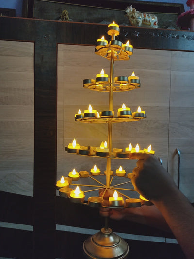 LAMANSH® 2 ft Height 6 Layer Candles 🕯 Diya Stand for Event Dancing 💃 Props Usage & Festival , Diwali Decoration / Golden Metal Diya Candle Holder with 60 Tealight for Bride & Groom entry (video attached)