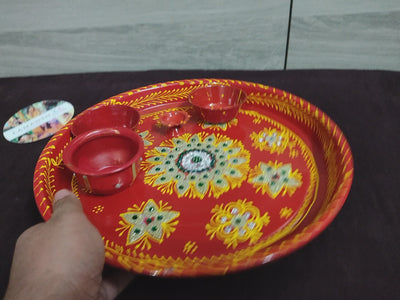 LAMANSH® Decorative Stainless Steel Hand Painted Pooja Aarti Thali Set with Diya/Haldi Kumkum Holder for Rakhi/Diwali / Gift 🎁 Platter for Festival 🔥