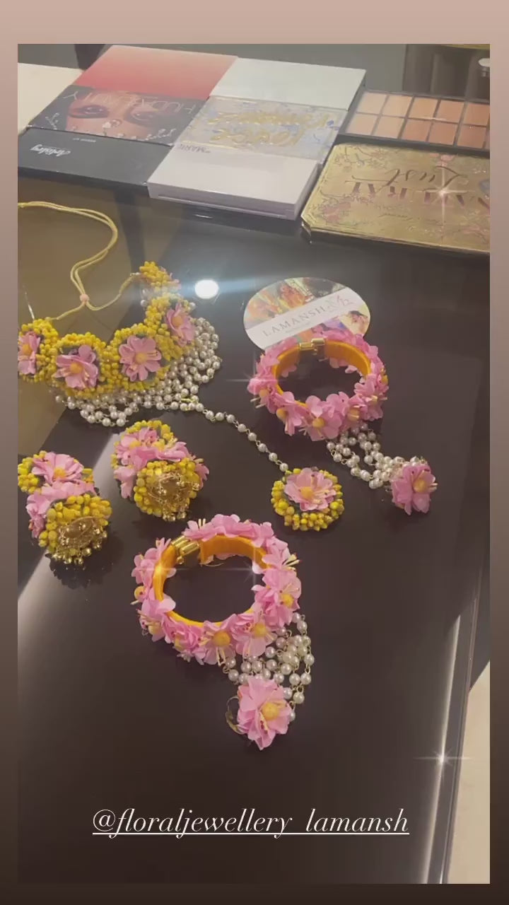LAMANSH® Bridal Yellow Pink Artificial Flower 🌸 Jewellery Set for Haldi - Mehendi ceremony
