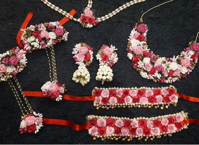 Lamansh  1 Necklace, 2 Earrings, 1 Maangtika with side chain , 2 Anklets & 2 Bracelet Attached With Ring set 1 Necklace, 2 Earrings, 1 Maangtika with side chain , 2 Anklets & 2 Bracelet Attached With Ring set / Pink-Red LAMANSH® Flower Fabric Hand Jewellery Haldi Set For Women, Girls / Floral Jewellery with Payal set