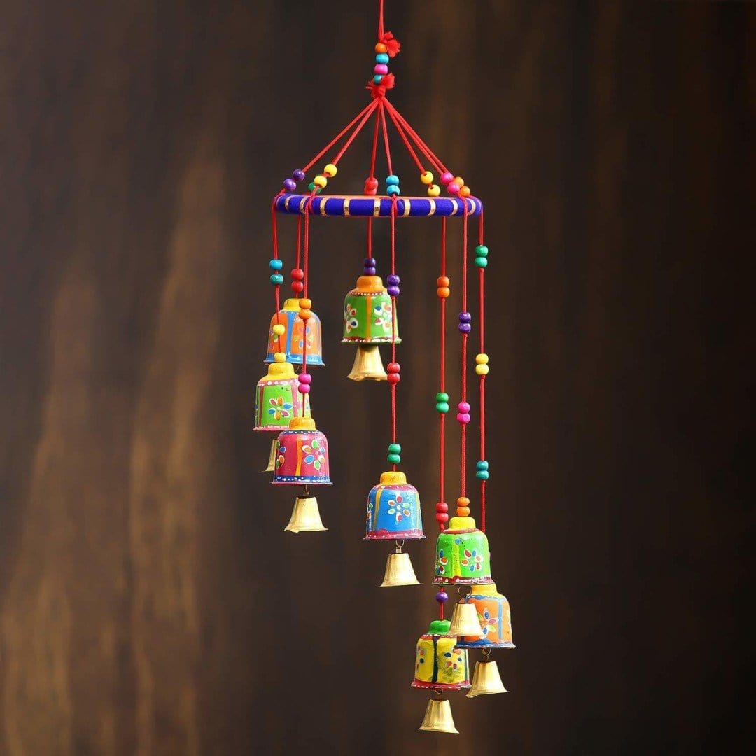 LAMANSH 8 Bell Toran set Multicolor / Wood / Standard LAMANSH (4 X 4 X 18 inch) Rajasthani Round Ring Showpiece Decorative Door Wall Wind Chimes for Home Balcony Garden Hanging
