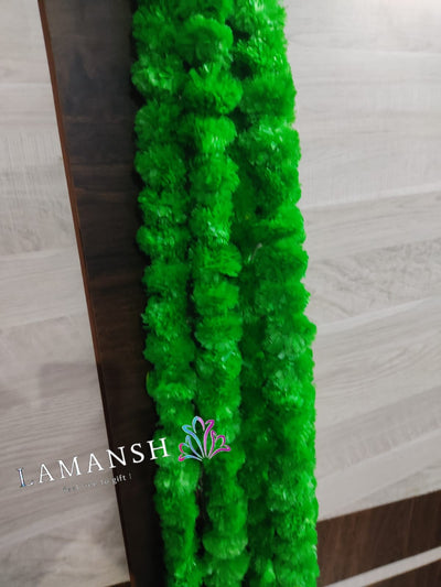 LAMANSH Artificial Flower Green / Artificial Flowers / 5ft LAMANSH® (Pack of 5 Hangings) Artificial Genda Marigold Garland Phool Flower hangings For Wedding, Party & Event Decoration ( Green )