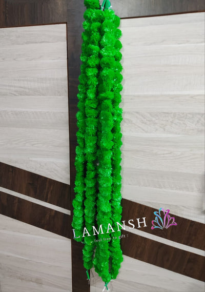 LAMANSH Artificial Flower Green / Artificial Flowers / 5ft LAMANSH® (Pack of 5 Hangings) Artificial Genda Marigold Garland Phool Flower hangings For Wedding, Party & Event Decoration ( Green )
