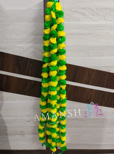 LAMANSH Artificial Flower Green - Yellow / Artificial Flowers / 5ft LAMANSH® (Pack of 5 Hangings) Artificial Genda Marigold Garland Phool Flower hangings For Wedding, Party & Event Decoration ( Green - Yellow )