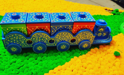 LAMANSH Asorted Colours Patterns / Wood / 1 ( 1 Train with 4 Box) LAMANSH® Home Decorative Wooden Train Shape Dry Fruit Holder with Multicolor Boxes,Diwali Gift/Home decror