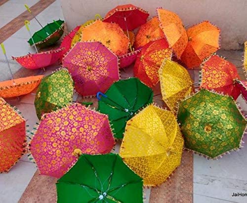 LAMANSH Assorted color / Cotton / 10 LAMANSH® Pack of 10 Mix Wholesale Lot Indian Handmade Colorful Wedding Umbrella Lot, Decorative Beautiful Multi Color Sun Parasol, Cotton Fabric Umbrellas
