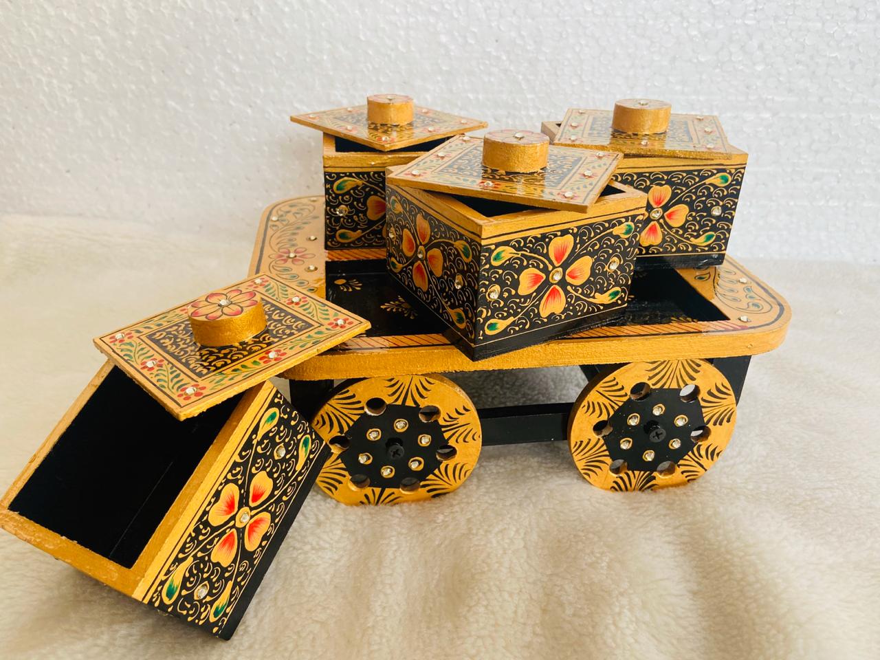 LAMANSH Assorted coloura / Wood / 1 LAMANSH® Wooden Handcrafted Hand Painted Rectangular Dry Fruit Box With 4 Compartment & Storage Trolley Box Showpiece