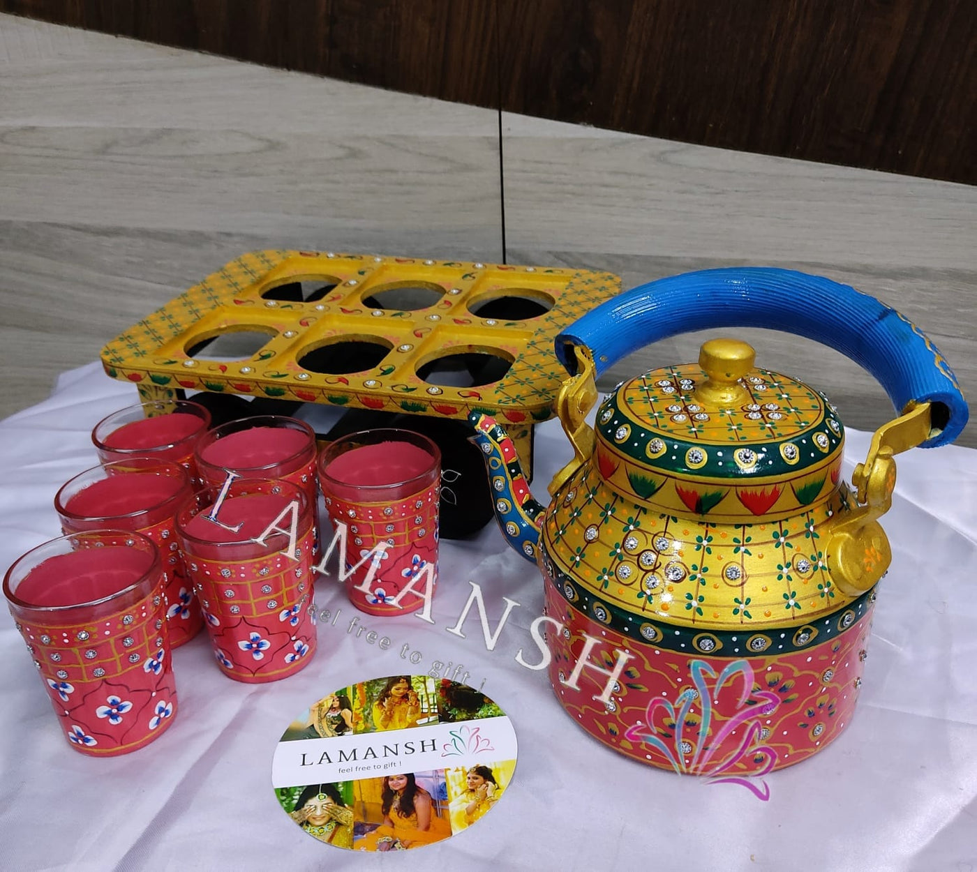 LAMANSH Assorted Colours / Aluminium LAMANSH® Hand Painted Tea Kettles with 6 Glass Sets and Wooden Cart