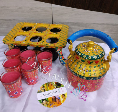 LAMANSH Assorted Colours / Aluminium LAMANSH® Hand Painted Tea Kettles with 6 Glass Sets and Wooden Cart