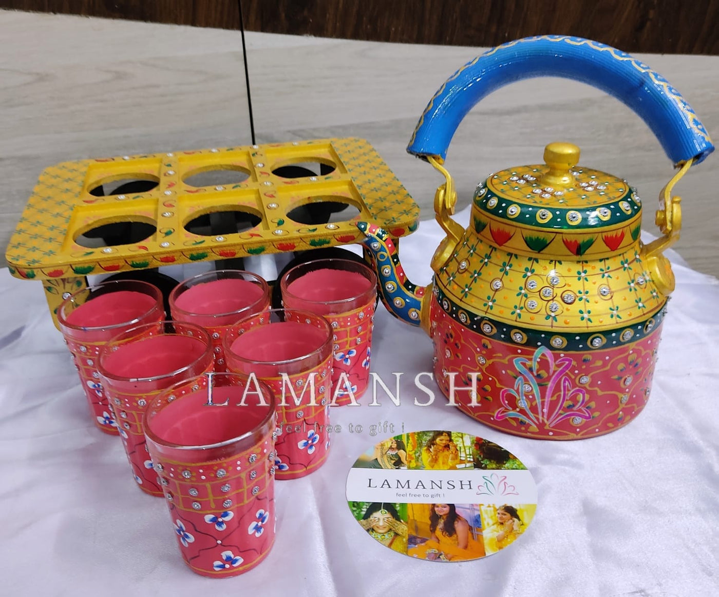 LAMANSH Assorted Colours / Aluminium LAMANSH® ( Set of 1 ) Hand Painted Tea Kettles with 6 Glass Sets and Wooden Cart for Gifting 🎁 & Decoration