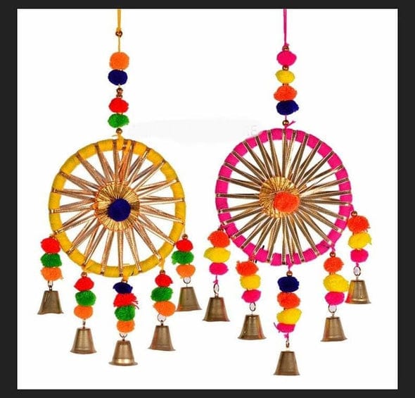 LAMANSH ® Assorted Colours LAMANSH® ( Pack of 10 Wool Hangings + Pack of 10 Round Gota Hangings) Full Weddings Backdrop, Multicolor Indian Dream Catchers, Indian Wedding Decoration, Mehndi Decor, Party Backdrop