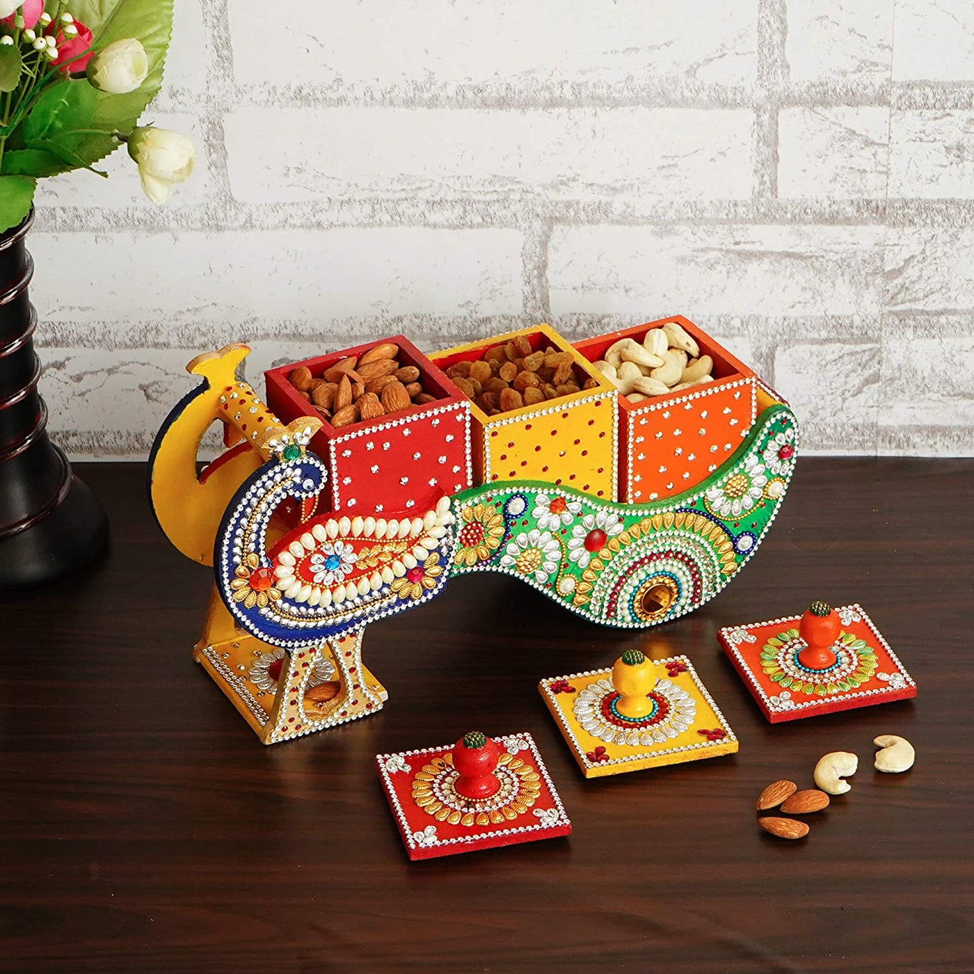 Lamansh Assorted Colours / Wooden LAMANSH® Handcrafted Hand Painted Wooden Decorative Peacock Shape Dry Fruit Box With 3 Compartment, Home Decorative Statue and Showpiece Figurine
