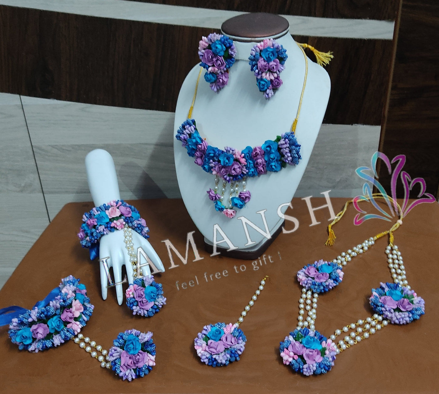 Lamansh Baby 👶shower 1 Necklace , 1 Choker , 2 Earrings, 2 Bracelets attached with Ring & 1 Maangtika / Purple Blue LAMANSH® Special Royal Color Flower 🌺 Jewellery Set for Haldi / Floral set