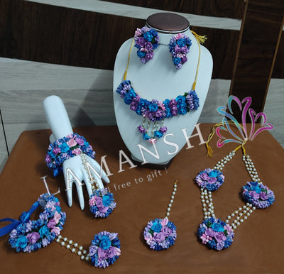 Lamansh Baby 👶shower 1 Necklace , 1 Choker , 2 Earrings, 2 Bracelets attached with Ring & 1 Maangtika / Purple Blue LAMANSH® Special Royal Color Flower 🌺 Jewellery Set for Haldi / Floral set