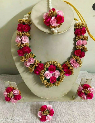 Lamansh baby shower 1 Necklace, 2 Earrings,1 Maangtika & 1 Ring set / Pink-Golden LAMANSH® Special Haldi 🌺 Jewellery Set