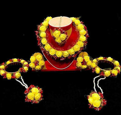 Lamansh baby shower 1 Necklace, 2 Earrings,1 Maangtika & 2 Bangle attached with Ring set / Yellow-Red LAMANSH® Special Haldi 🌺 Jewellery Set
