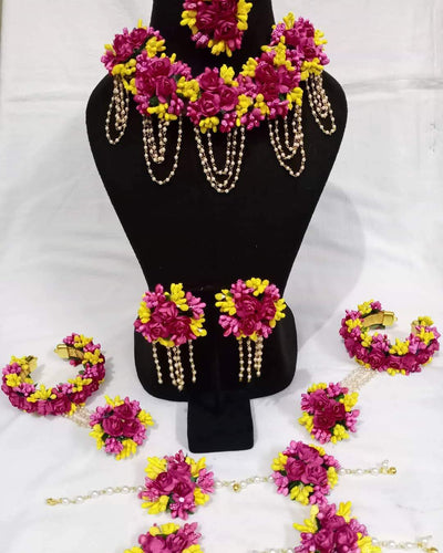 Lamansh baby shower 1 Necklace, 2 Earrings,1 Maangtika, 2 Bracelet attached with Ring, 2 Anklet set / Pink-Yellow LAMANSH® Special Haldi 🌺 Jewellery Set