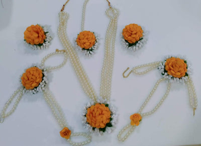 Lamansh baby shower 1 Necklace, 2 Earrings,1 Maangtika & 2 Bracelet attached with Ring set / Orange-White LAMANSH® Special Haldi 🌺 Jewellery Set