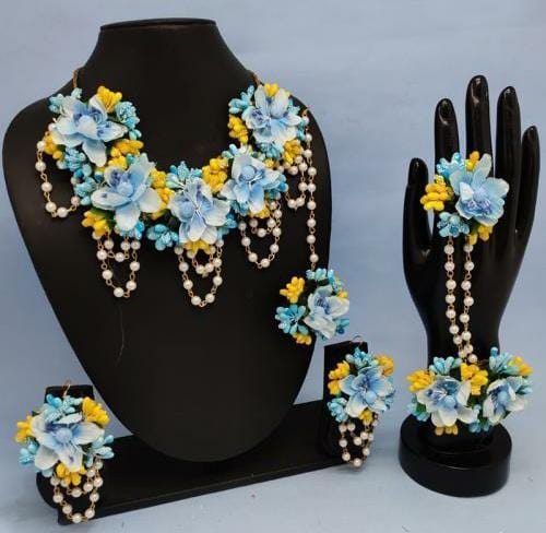 Lamansh baby shower 1 Necklace, 2 Earrings,1 Maangtika & 2 Bracelet attached with Ring set / SkyBlue-Yellow LAMANSH® Special Haldi 🌺 Jewellery Set