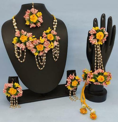 Lamansh baby shower 1 Necklace, 2 Earrings,1 Maangtika & 2 Bracelet attached with Ring set / Yellow-Pink LAMANSH® Special Haldi 🌺 Jewellery Set