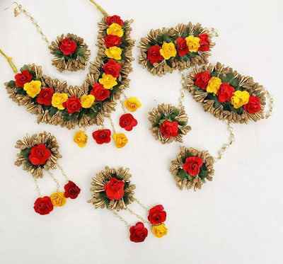 Lamansh baby shower 1 Necklace, 2 Earrings,1 Maangtika & 2 Bracelet attached with Ring set / Yellow-Red - Gold LAMANSH® Special Haldi 🌺 Jewellery Set