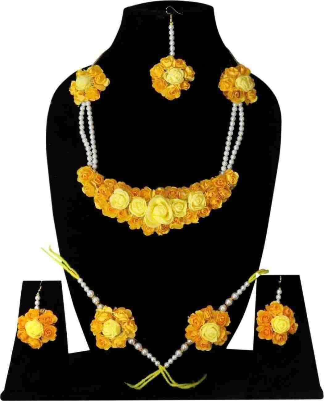 Lamansh baby shower 1 Necklace, 2 Earrings,1 Maangtika & 2 Bracelet set / Yellow LAMANSH® Special Haldi 🌺 Jewellery Set