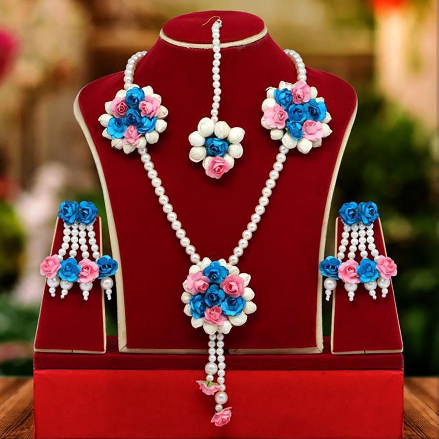 Lamansh baby shower 1 Necklace, 2 Earrings,1 Maangtika set / Blue-Peach LAMANSH® Special Haldi 🌺 Jewellery Set