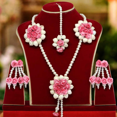 Lamansh baby shower 1 Necklace, 2 Earrings,1 Maangtika set / Pink-White LAMANSH® Special Flower Mogra 🌺 Jewellery Set