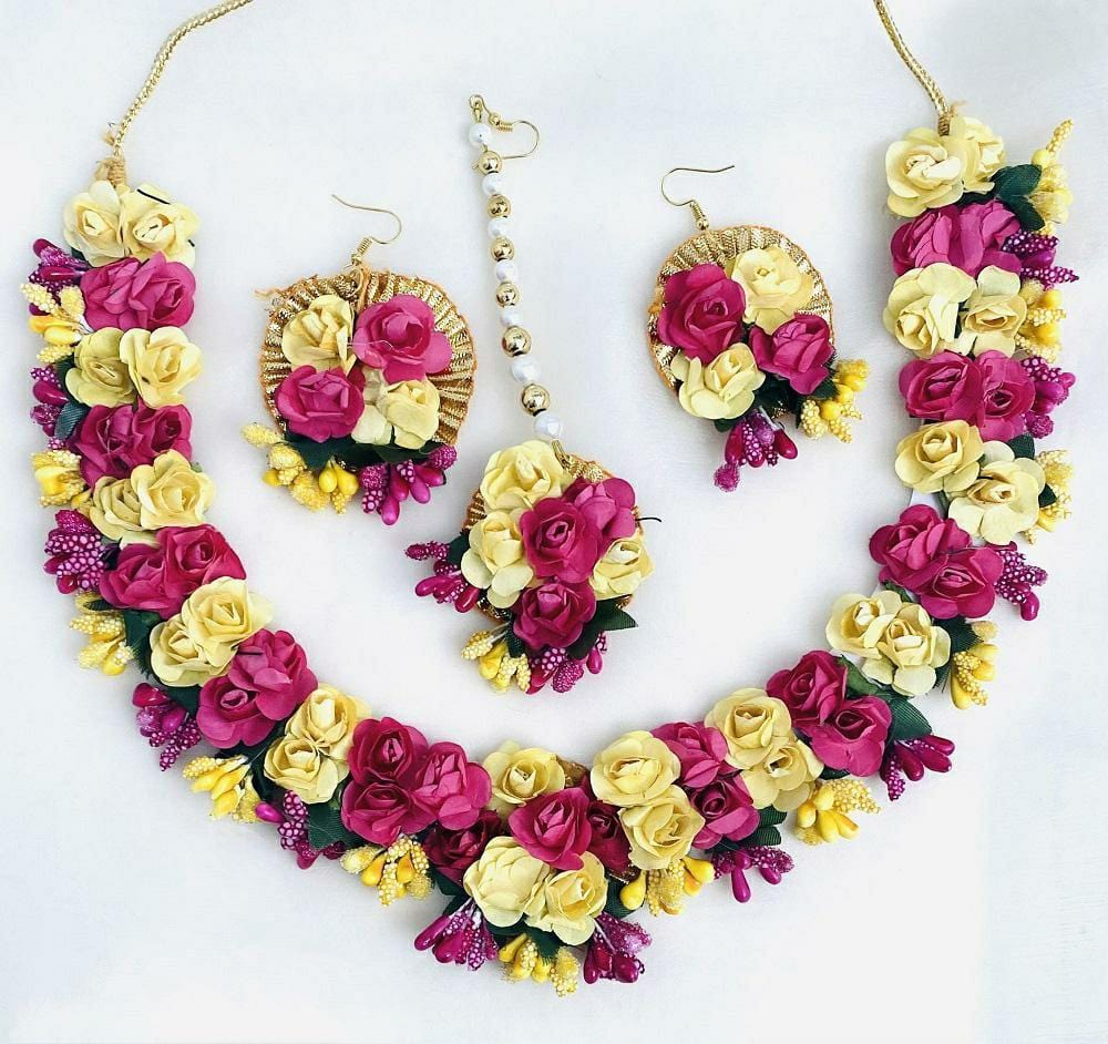 Lamansh baby shower 1 Necklace, 2 Earrings,1 Maangtika set / Pink-Yellow LAMANSH® Special Haldi 🌺 Jewellery Set