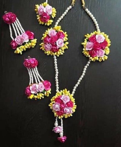 Lamansh baby shower 1 Necklace, 2 Earrings,1 Maangtika set / Pink-Yellow LAMANSH® Special Haldi 🌺 Jewellery Set
