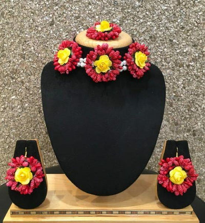 Lamansh baby shower 1 Necklace, 2 Earrings,1 Maangtika set / Red-Yellow LAMANSH® Special Haldi 🌺 Jewellery Set