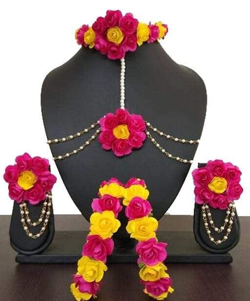 Lamansh baby shower 1 Necklace, 2 Earrings,1 Maangtika With Side chain & 2 Bangles set / Pink-Yellow LAMANSH® Special Haldi 🌺 Jewellery Set / Radha krishna set