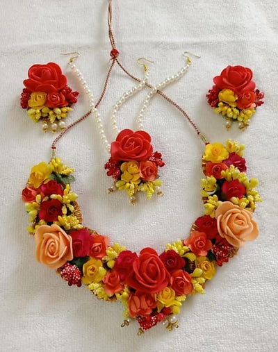 Lamansh baby shower 1 Necklace, 2 Earrings, 1 Maangtika with side chain set / Red-Yellow LAMANSH® Special Haldi 🌺 Jewellery Set