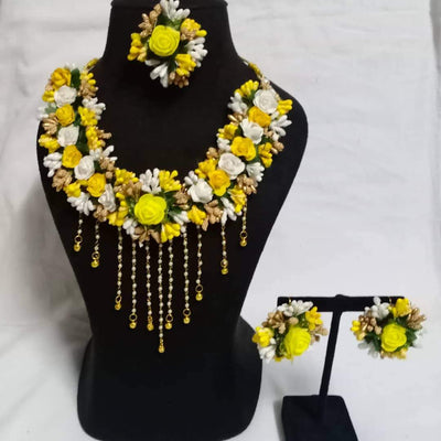 Lamansh baby shower 1 Necklace, 2 Earrings & 1 Maangtika / Yellow-White-Gold LAMANSH® Special Haldi Flower 🌺 Jewellery Set