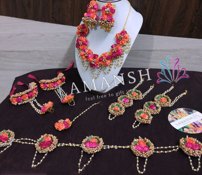 Lamansh Baby 👶shower jewelry 1 Necklace, 2 Jhumki Earrings ,1 Maangtika , 1 Kamarbandh , 2 Anklets & 2 Bracelet attached with ring / Pink Orange Gold LAMANSH® Baby Shower Collection Floral 🌸 Jewellery Set with Jhumki earrings & Anklets for Women & Girls