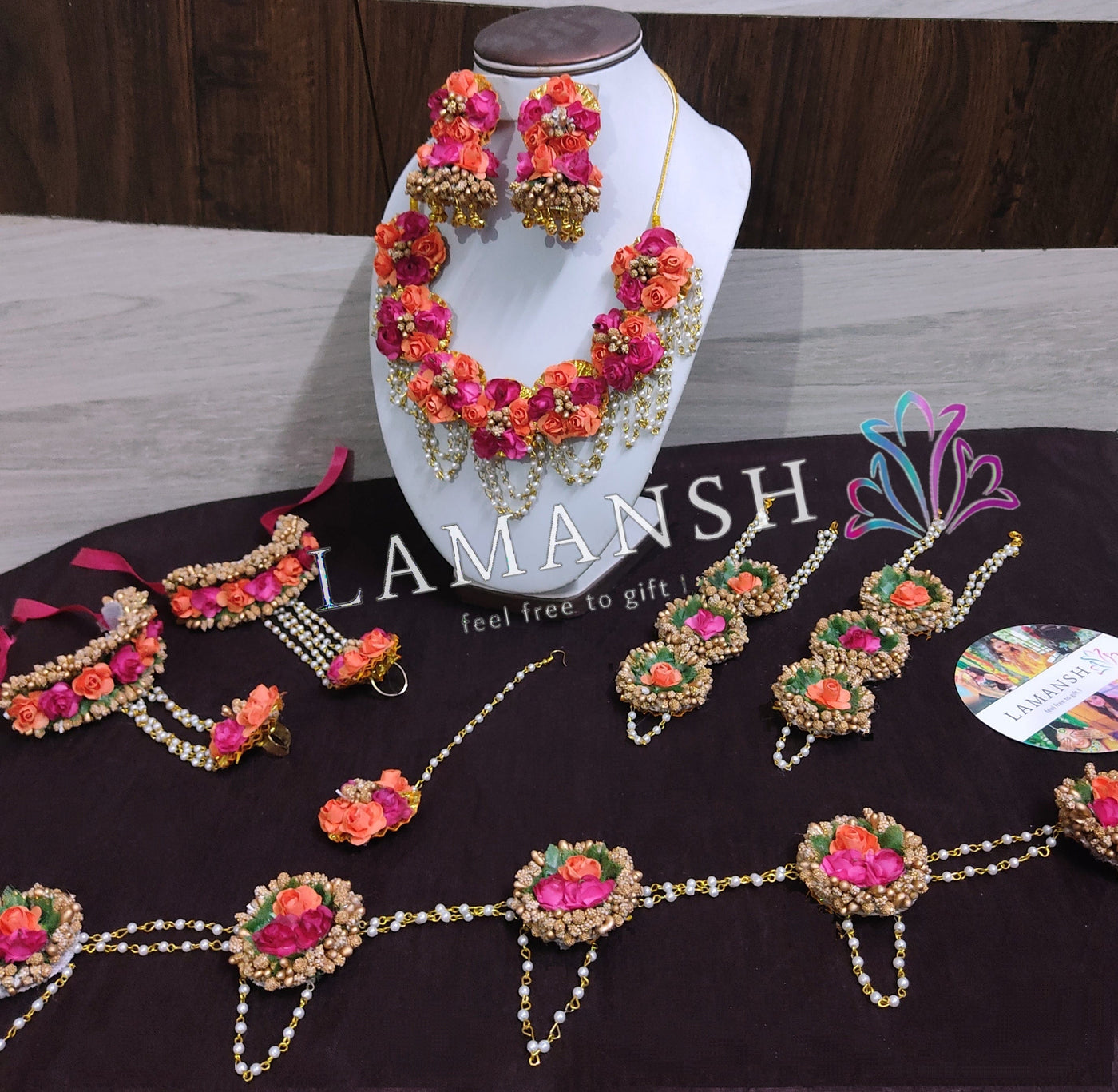 Lamansh Baby 👶shower jewelry 1 Necklace, 2 Jhumki Earrings ,1 Maangtika , 1 Kamarbandh , 2 Anklets & 2 Bracelet attached with ring / Pink Orange Gold LAMANSH® Baby Shower Collection Floral 🌸 Jewellery Set with Jhumki earrings & Anklets for Women & Girls