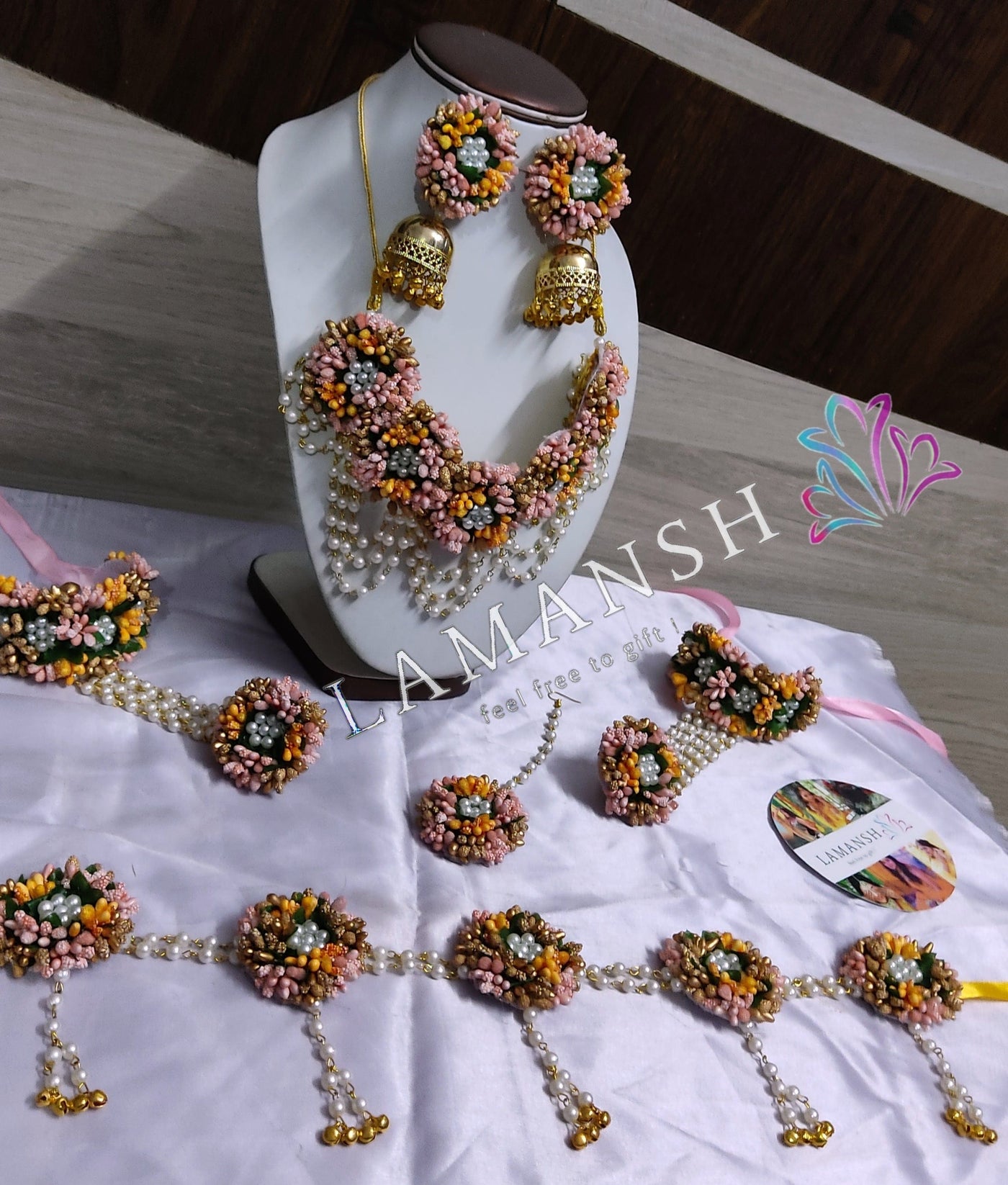 LAMANSH Baby 👶shower Peach Orange / Free Size / Ethnic LAMANSH ® Artificial Complete Flower 🌸Jewellery Set with Kamarband / Perfect for Gobharai / Baby Shower / Dohale Jevan / Floral set