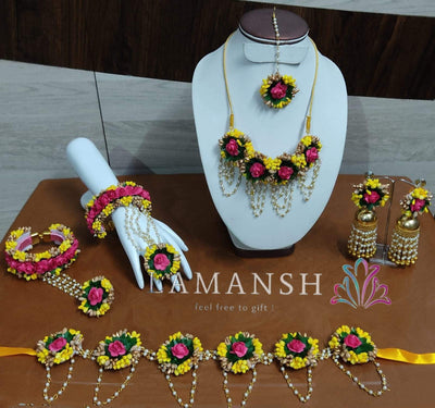 LAMANSH Baby 👶shower Pink-Yellow-Gold / Free Size / Ethnic LAMANSH ® Artificial Complete Flower 🌸Jewellery Set with Kamarband Perfect for Gobharai / Baby Shower / Dohale Jevan / Floral set