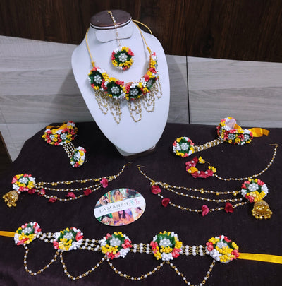 LAMANSH Baby 👶shower Red Yellow White / Free Size / Baby shower contemporary LAMANSH® Floral 🌸Jewellery Set with Kamarband / Perfect for Gobharai / Baby Shower / Dohale Jevan / Floral set