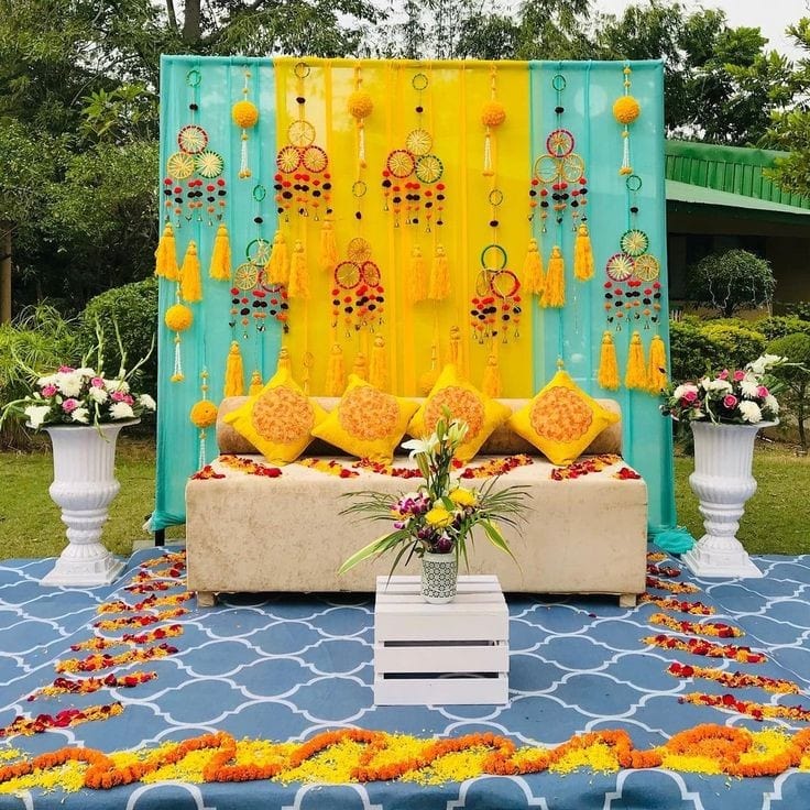 Lamansh Backdrop decorative hanging LAMANSH® Backdrop Decoration Hangings ( Pack of 25 Yellow 12" Tassels + Pack of 10 Multring GOTA Chakri Hangings ) Perfect for indian style weddings