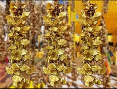 Lamansh backdrop Gold / Gota / 100 line ( 10 Bunch ) LAMANSH® (Pack of 100) Gold Gota Lace Bunch Hangings Decorative Garlands for Wedding Backdrops / Haldi & Wedding Event Decoration /Indian Wedding Decor