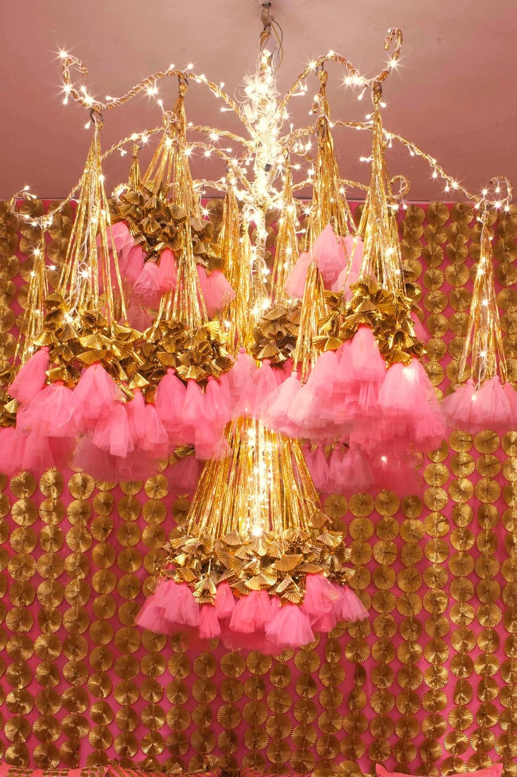 Lamansh backdrop LAMANSH® (Pack of 50 hangings) Gold Gota Net Hangings Decorative Garlands for Wedding ,Haldi & Wedding Event Decoration backdrop