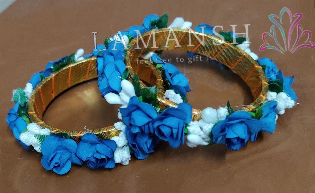 Lamansh Bangles Set Blue - White / Artificial flowers / Haldi ,Wedding,Engagement Lamans® (pack of 5 pair)Floral Bangles Set for Engagement / Haldi / Floral Accessories set
