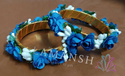 Lamansh Bangles Set Blue - White / Artificial flowers / Haldi ,Wedding,Engagement Lamans® (pack of 5 pair)Floral Bangles Set for Engagement / Haldi / Floral Accessories set