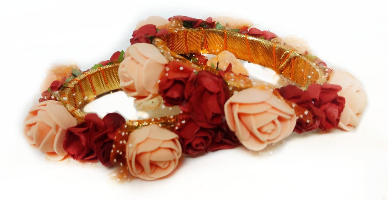 Lamansh Bangles Set Red - Peach / Artificial flowers / Haldi ,Wedding,Engagement Lamansh™(pack of 5 pair) Floral Bangles Set for Engagement / Haldi / Floral Accessories set