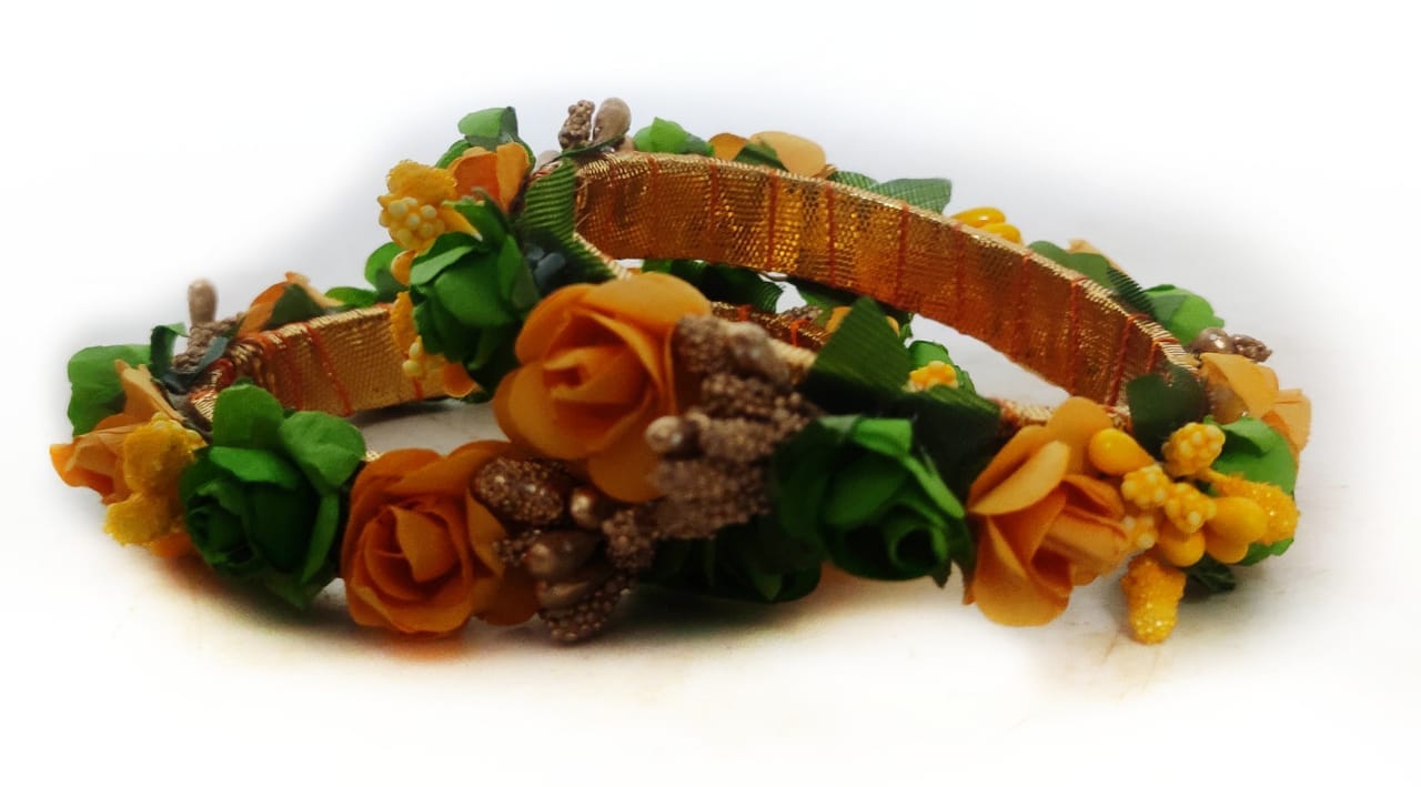 Lamansh Bangles Set Yellow - Green / Artificial flowers / Haldi ,Wedding,Engagement Lamansh™ (pack of 5 pair)Floral Bangles Set for Engagement / Haldi / Floral Accessories set