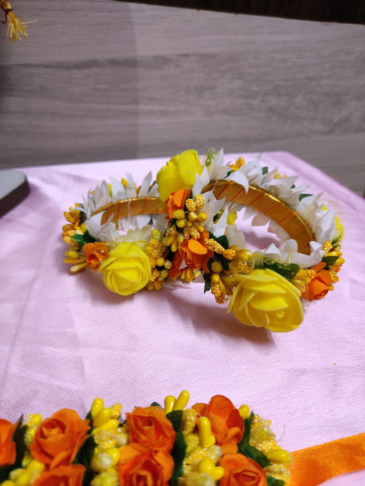 Lamansh Bangles Set Yellow-Orange-White / Artificial flowers / Haldi ,Wedding,Engagement Lamansh™ (Set of 1 pair) Floral Bangles Set for Engagement / Haldi / Floral Accessories set