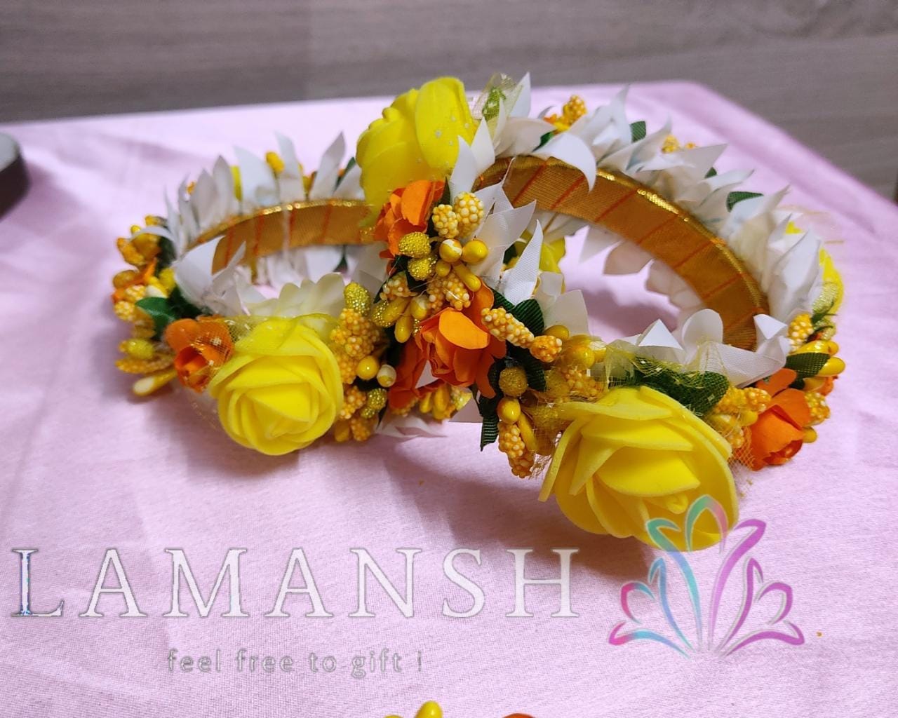 Lamansh Bangles Set Yellow-Orange-White / Artificial flowers / Haldi ,Wedding,Engagement Lamansh™ (Set of 1 pair) Floral Bangles Set for Engagement / Haldi / Floral Accessories set