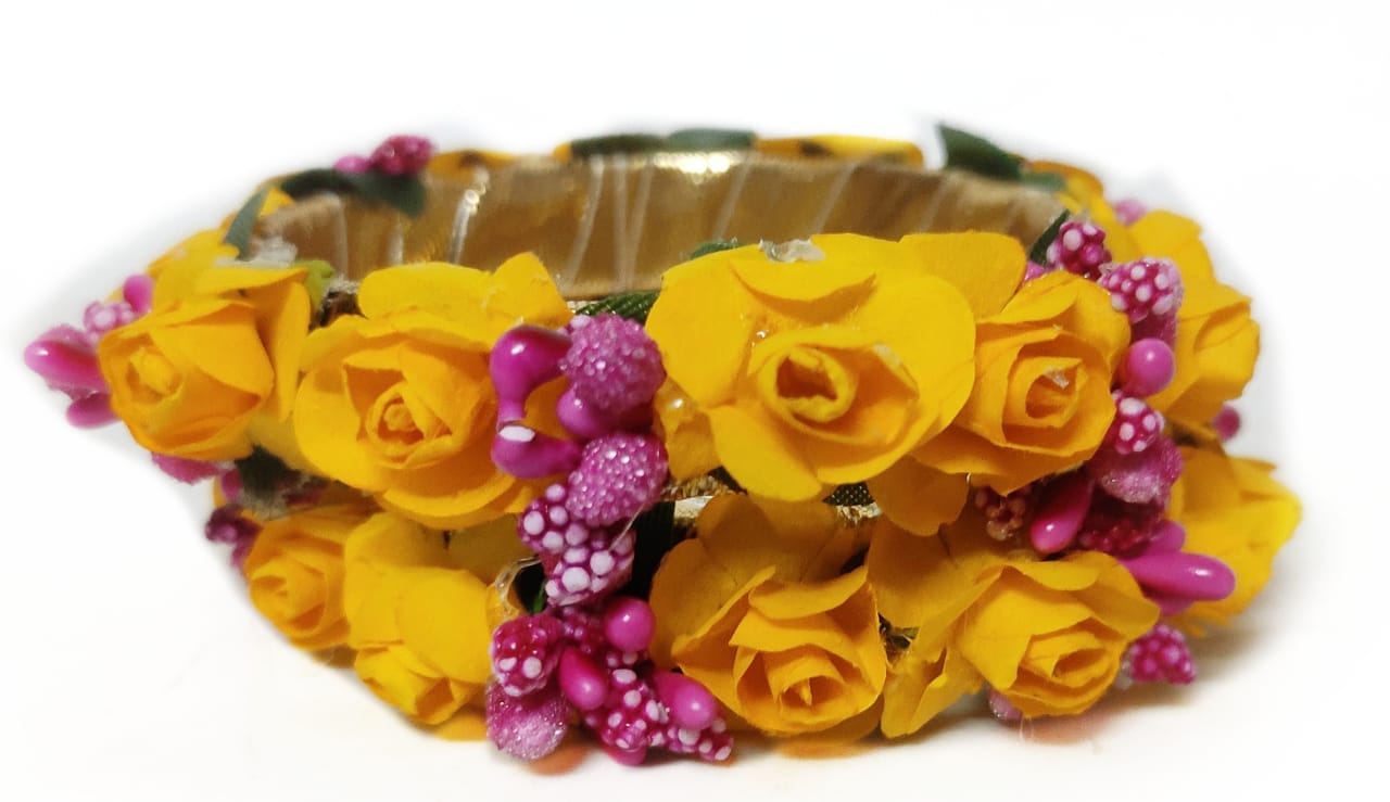 Lamansh Bangles Set Yellow-Pink / Artificial flowers / Haldi ,Wedding,Engagement Lamansh™(Pack of 5 pair) Floral Bangles Set for Engagement / Haldi / Floral Accessories set